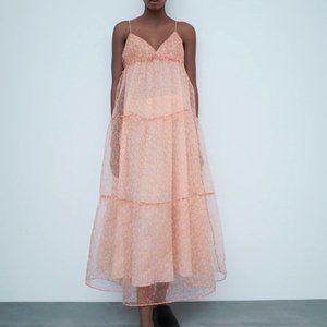 NWT Zara micro floral organza long dress Size S